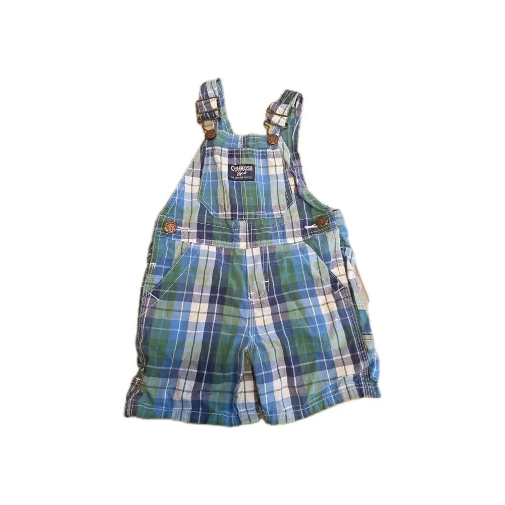 OshKosh B'Gosh Baby Bib Overalls Shorts Size 12 Month Snap Bottoms Plaid
